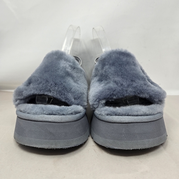 Ugg Womens Disco Slide Shoes Size 9 Gray Fluffy Sherling Back Stretch Strap - Picture 2 of 14